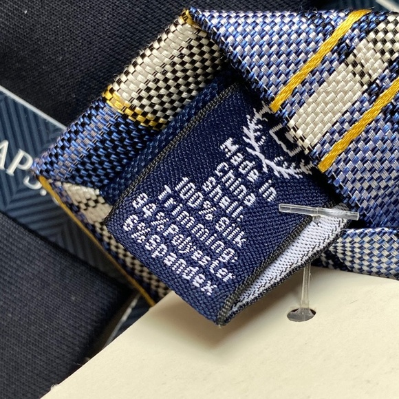 CHAPS Men's Tie Silk Plaid Classic Work Spandex Stretch Navy Yellow - Picture 7 of 8